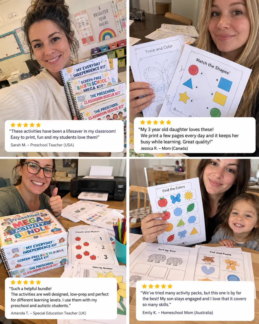 Five-star reviews from preschool teachers and parents using Playprint activities